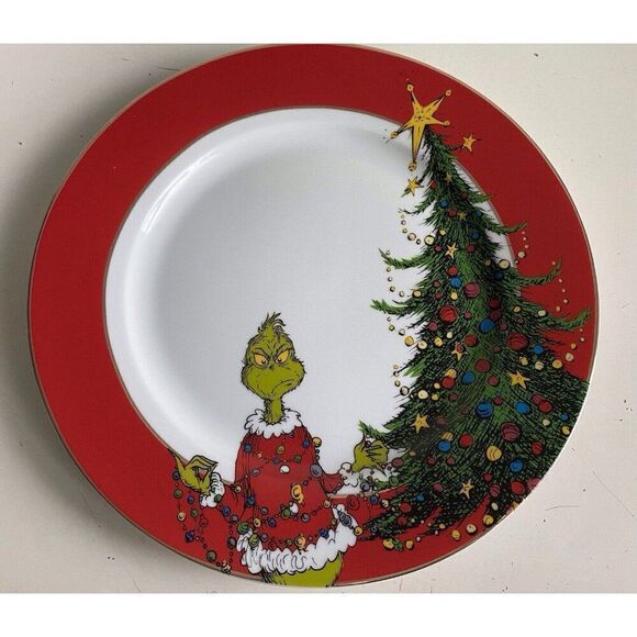 THE GRINCH Christmas Tree Red 10.5” Dinner Ceramic Plate Holiday Gold Rim NEW - Picture 1 of 7